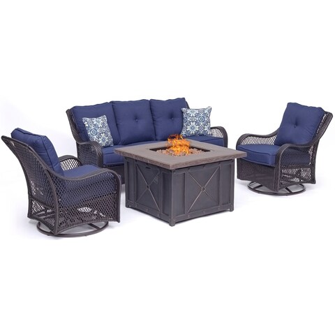 Hanover Orleans 4-Piece Woven Fire Pit Lounge Set in Navy Blue with Sofa, 2 Swivel Gliders and Durastone Fire Pit