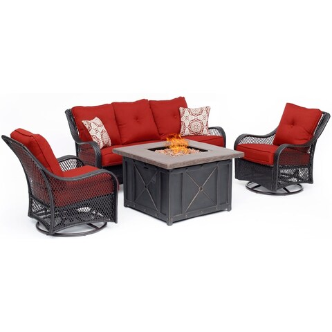 Hanover Orleans 4-Piece Woven Fire Pit Lounge Set in Autumn Berry with Sofa, 2 Swivel Gliders and Durastone Fire Pit
