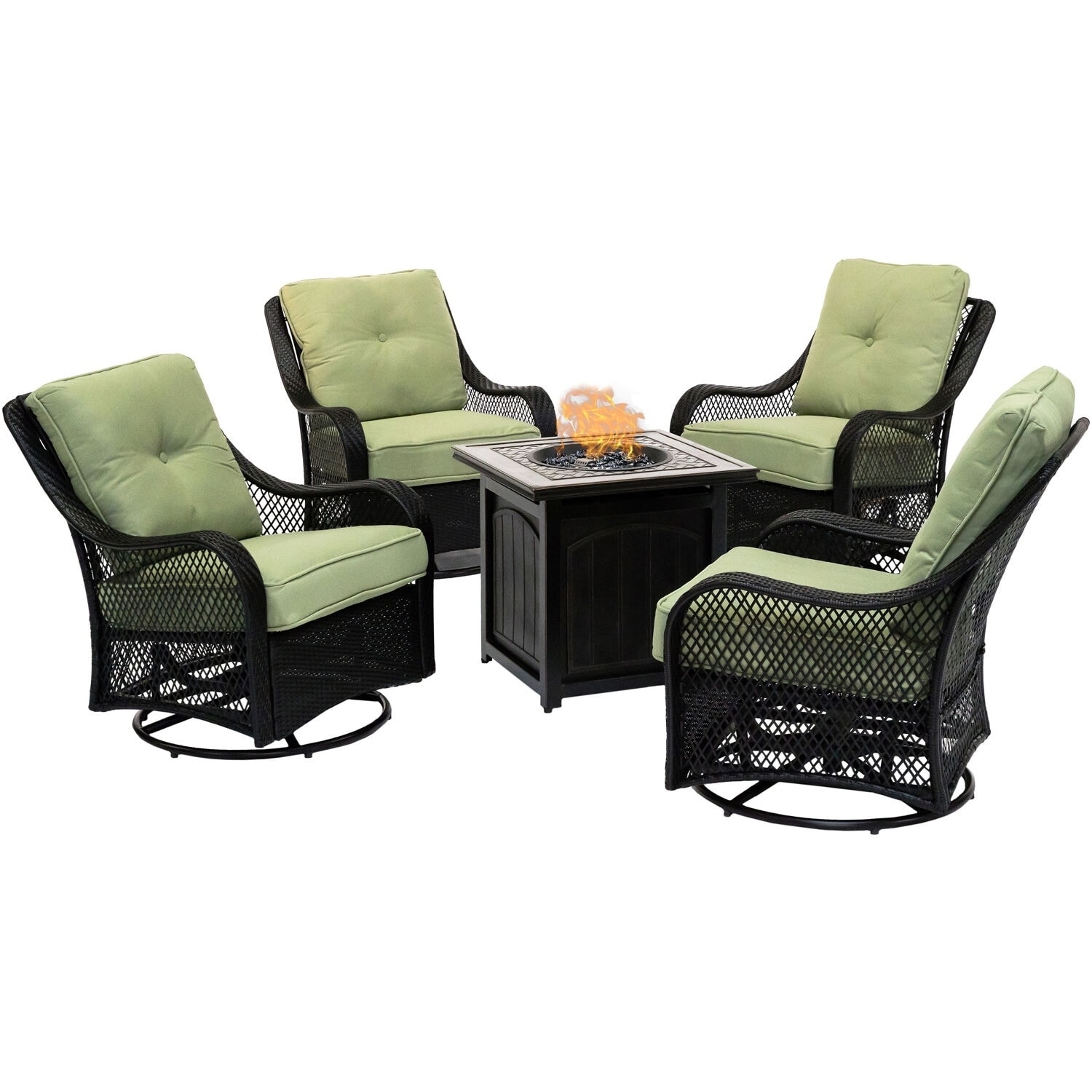 Hanover Orleans 5-Piece Fire Pit Chat Set in Green Jasmine with 4 Woven Swivel Gliders and a 26-In. Square Fire Pit Table