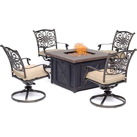Hanover Traditions 5-Piece Fire Pit Chat Set in Natural Oat with 4 Swivel Rockers and a 40-In. Square Durastone Fire Pit Table