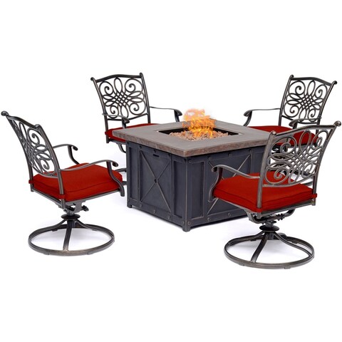 Hanover Traditions 5-Piece Fire Pit Chat Set in Red with 4 Swivel Rockers and a 40-In. Square Durastone Fire Pit Table