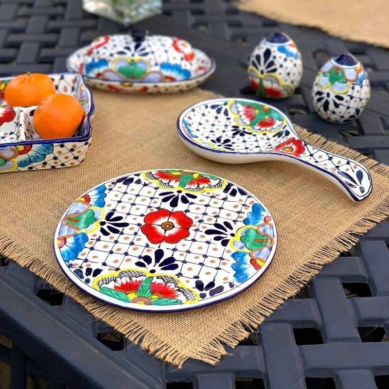 Handmade Pottery 8" Trivet or Wall Decor, Dots & Flowers