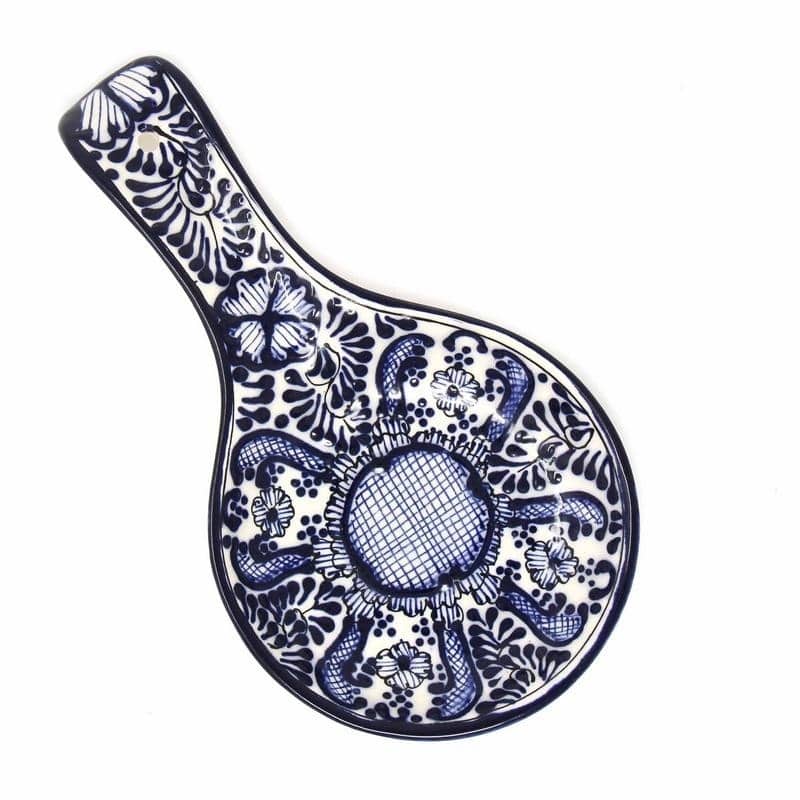 Handmade Blue Flower Pottery Spoon Rest (Mexico)