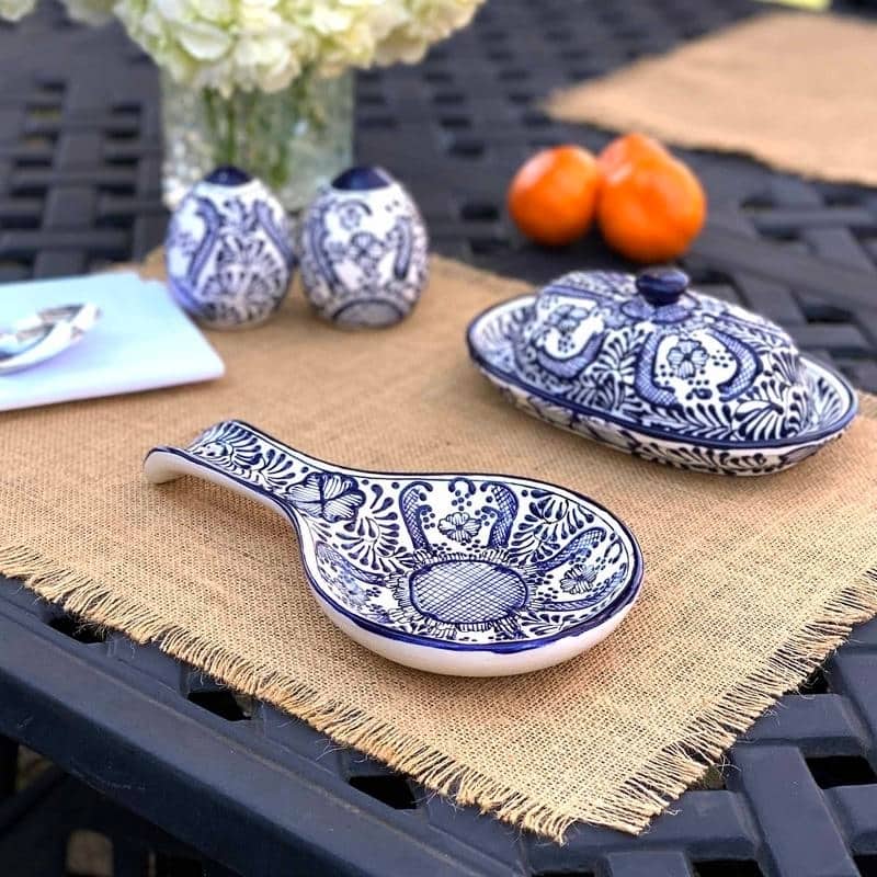Handmade Blue Flower Pottery Spoon Rest (Mexico)
