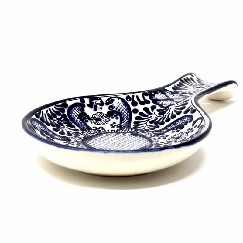 Handmade Blue Flower Pottery Spoon Rest (Mexico)