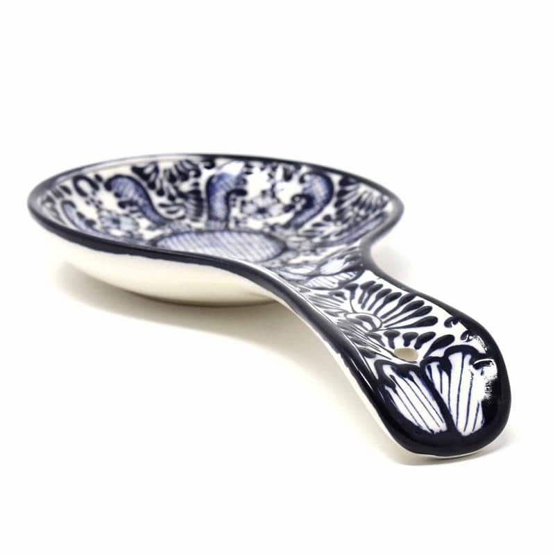 Handmade Blue Flower Pottery Spoon Rest (Mexico)