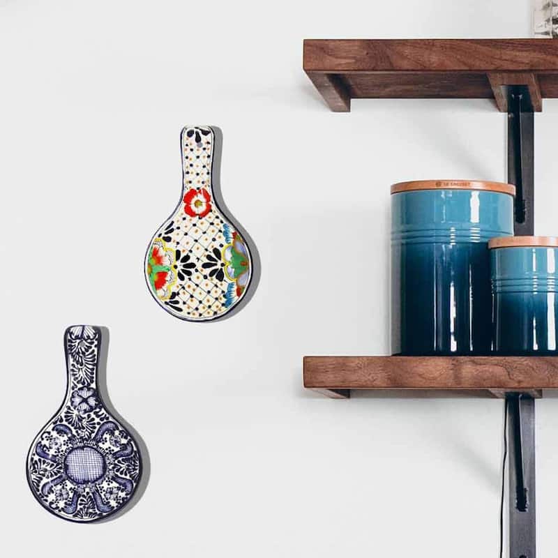 Handmade Blue Flower Pottery Spoon Rest (Mexico)