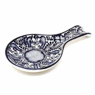 Handmade Blue Flower Pottery Spoon Rest (Mexico)
