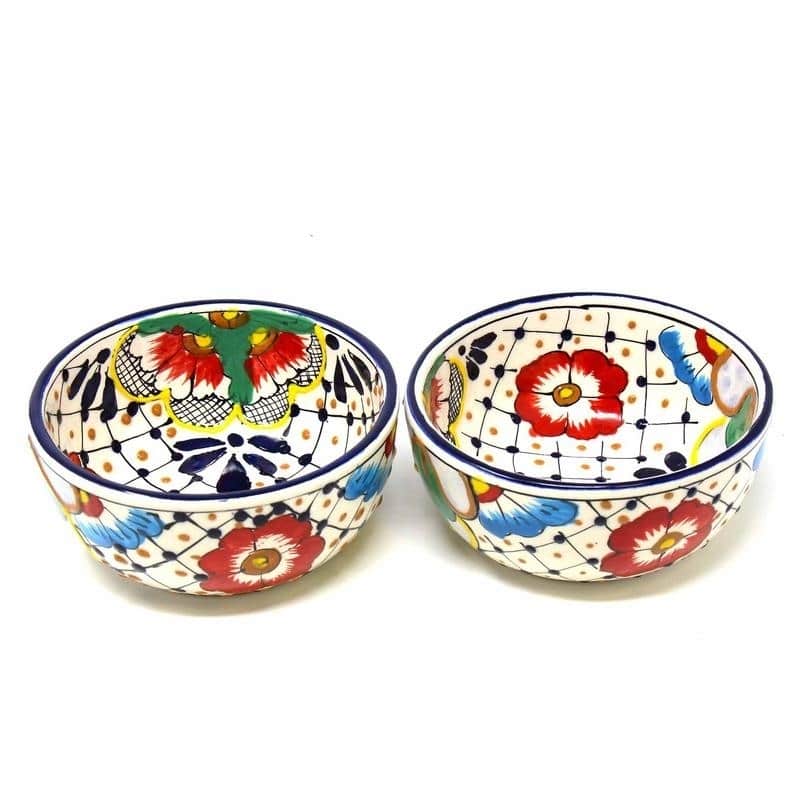 Handmade Pottery 5.5" Set of 2 Bowls, Dots & Flowers