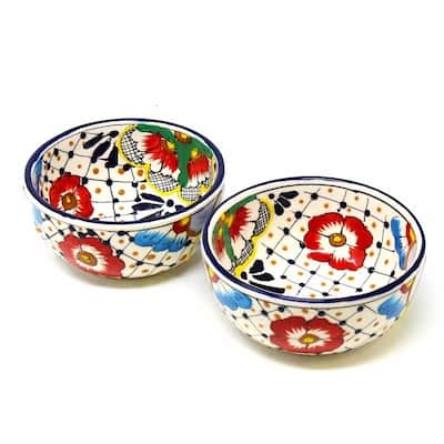 Handmade Pottery 5.5" Set of 2 Bowls, Dots & Flowers