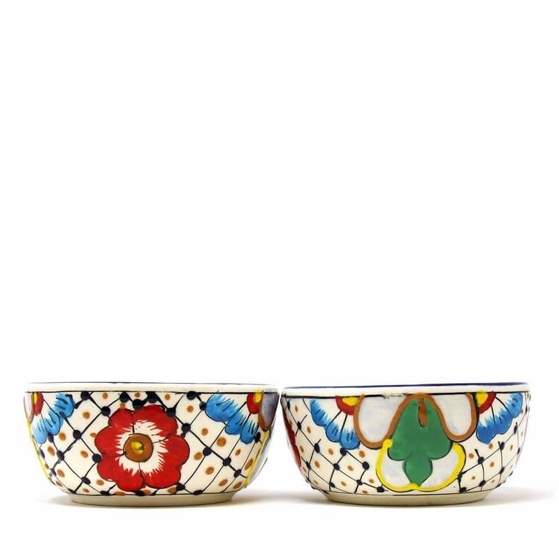 Handmade Pottery 5.5" Set of 2 Bowls, Dots & Flowers
