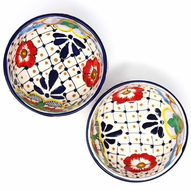 Handmade Pottery 5.5" Set of 2 Bowls, Dots & Flowers