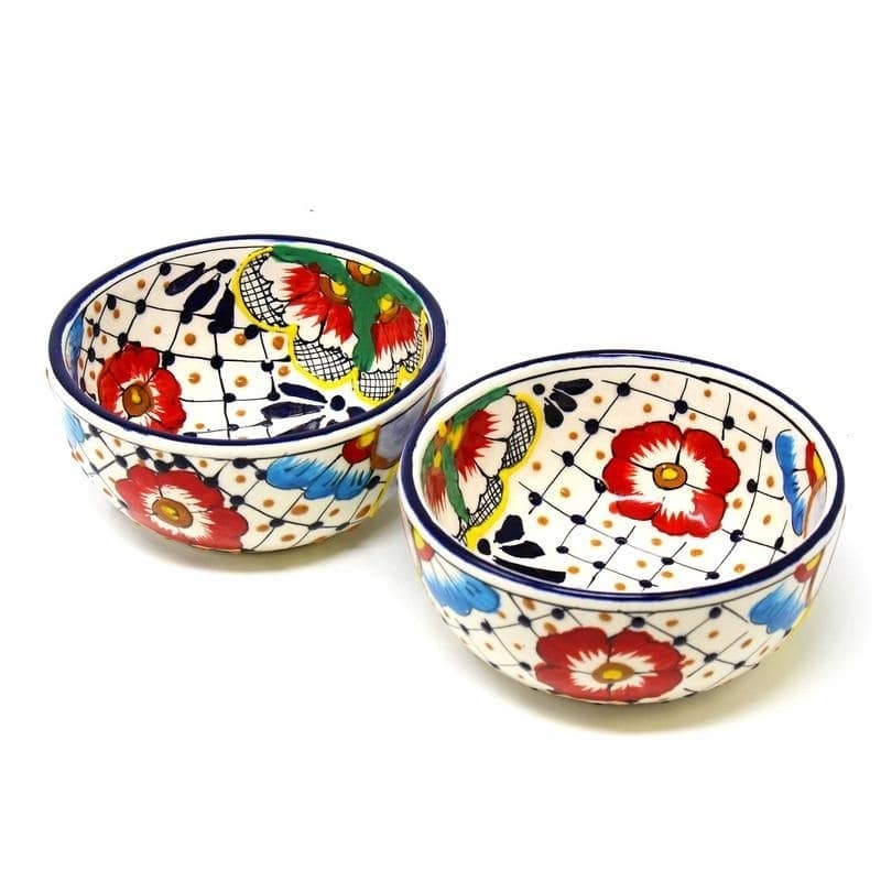Handmade Pottery 5.5" Set of 2 Bowls, Dots & Flowers