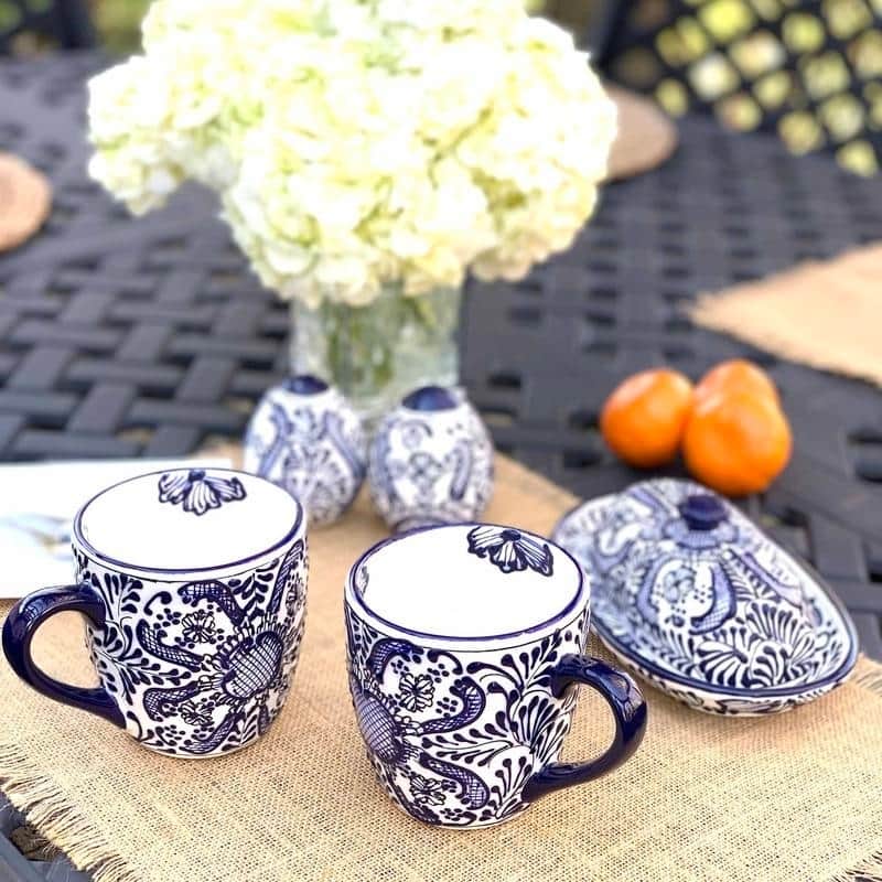Handmade Pottery Set of 2 Mugs, Blue Flower