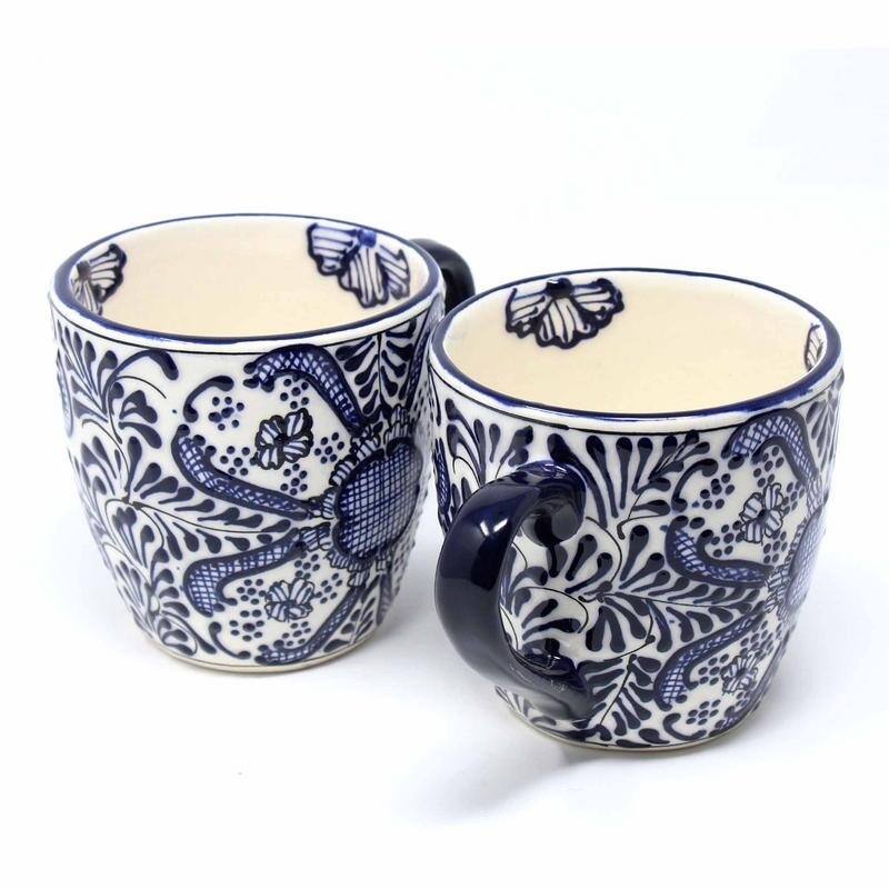 Handmade Pottery Set of 2 Mugs, Blue Flower