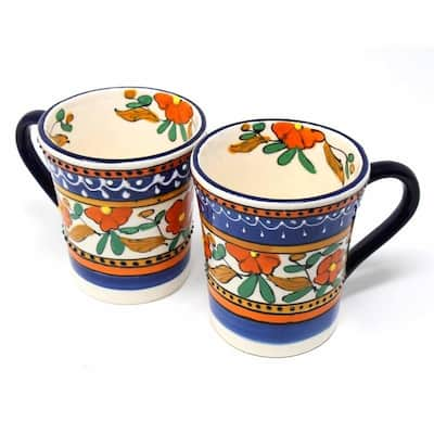 Handmade Pottery Set of 2 Mugs, Orange Flower