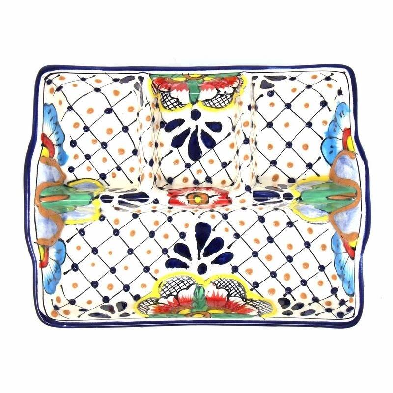 Handmade Pottery 9" Divided Platter, Dots & Flowers