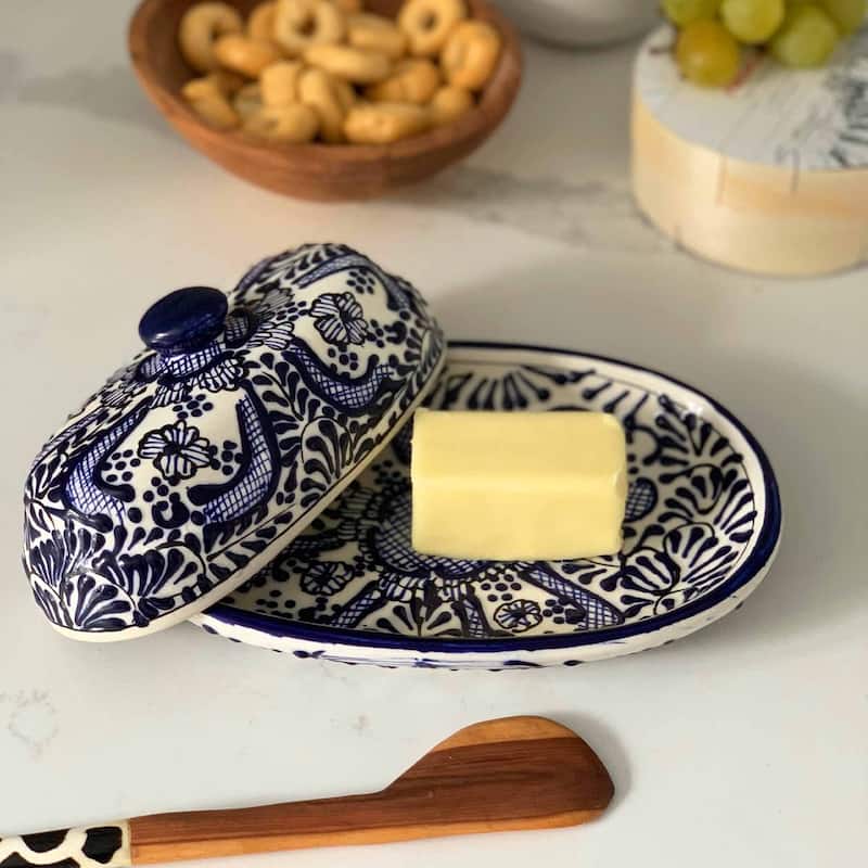 The Curated Nomad Somerset Handmade Blue Flower Pottery Butter Dish