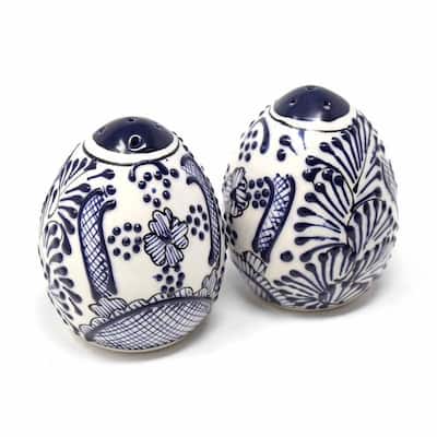 Handmade Pottery Salt & Pepper Shakers, Blue Flower