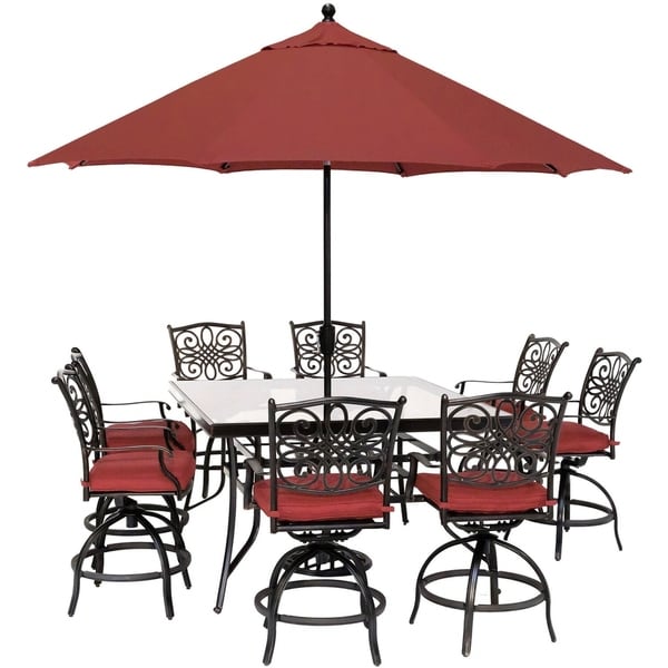 Traditions 9-Piece High-Dining Set in Red with 8 Swivel Chairs, a 60 In. Square Glass-Top Table, Umbrella and Stand