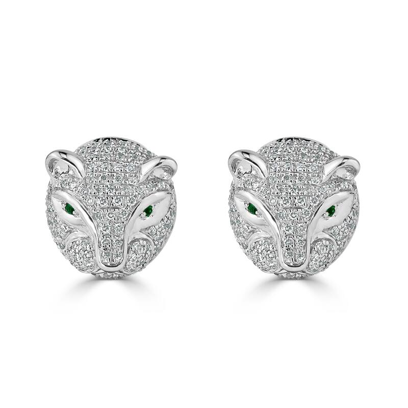 Auriya 0.02cttw Green Emerald Gemstone and 1/2cttw Evil Cat Eye Diamond Stud Earrings 14k Gold