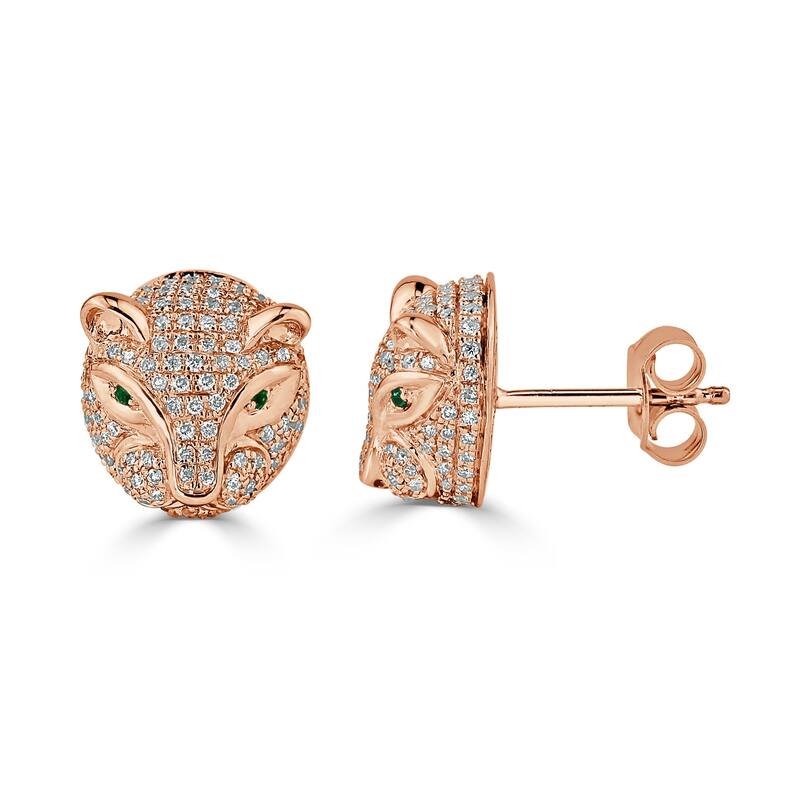 Auriya 0.02cttw Green Emerald Gemstone and 1/2cttw Evil Cat Eye Diamond Stud Earrings 14k Gold