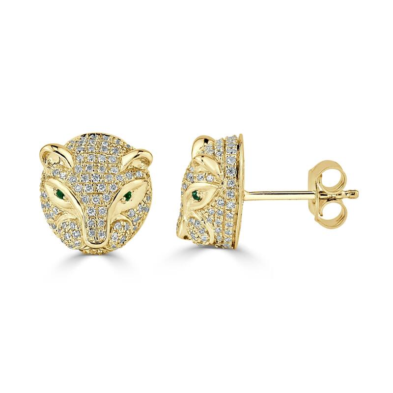 Auriya 0.02cttw Green Emerald Gemstone and 1/2cttw Evil Cat Eye Diamond Stud Earrings 14k Gold