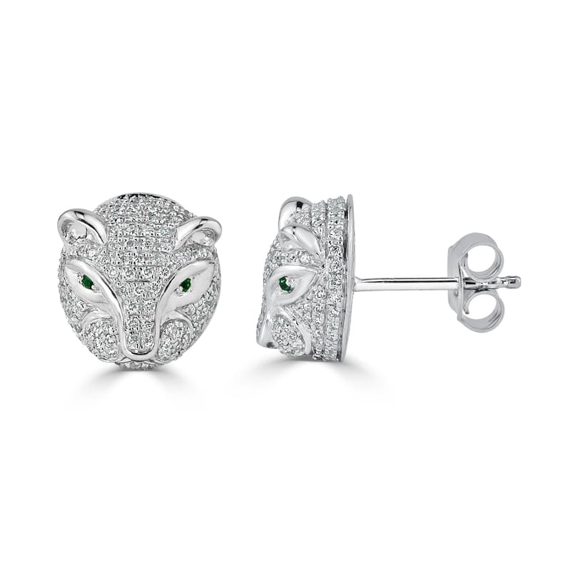 Auriya 0.02cttw Green Emerald Gemstone and 1/2cttw Evil Cat Eye Diamond Stud Earrings 14k Gold