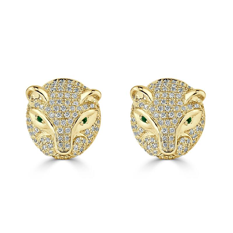 Auriya 0.02cttw Green Emerald Gemstone and 1/2cttw Evil Cat Eye Diamond Stud Earrings 14k Gold