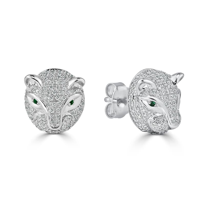 Auriya 0.02cttw Green Emerald Gemstone and 1/2cttw Evil Cat Eye Diamond Stud Earrings 14k Gold