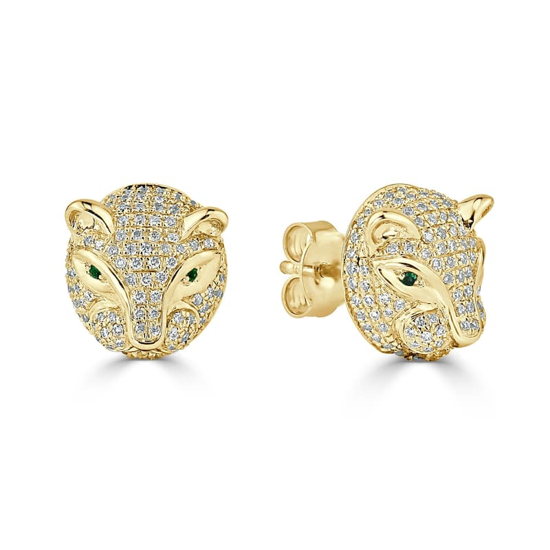 Auriya 0.02cttw Green Emerald Gemstone and 1/2cttw Evil Cat Eye Diamond Stud Earrings 14k Gold