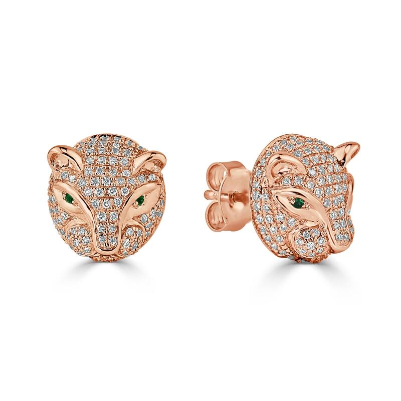 Auriya 0.02cttw Green Emerald Gemstone and 1/2cttw Evil Cat Eye Diamond Stud Earrings 14k Gold