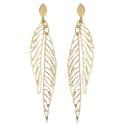 14k Yellow Gold Oval Double Leaf Drop Earrings