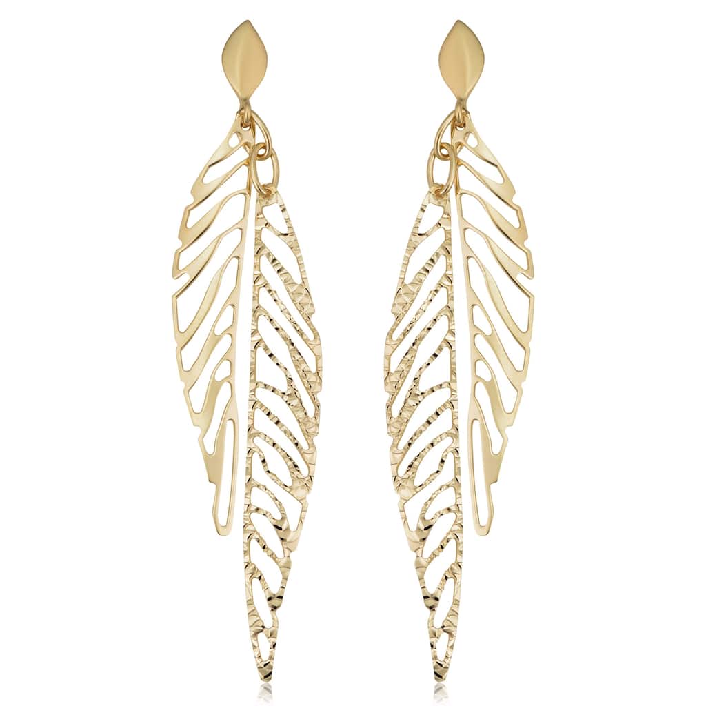 14k Yellow Gold Oval Double Leaf Drop Earrings