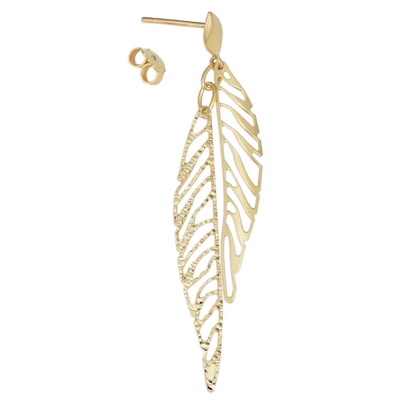 14k Yellow Gold Oval Double Leaf Drop Earrings