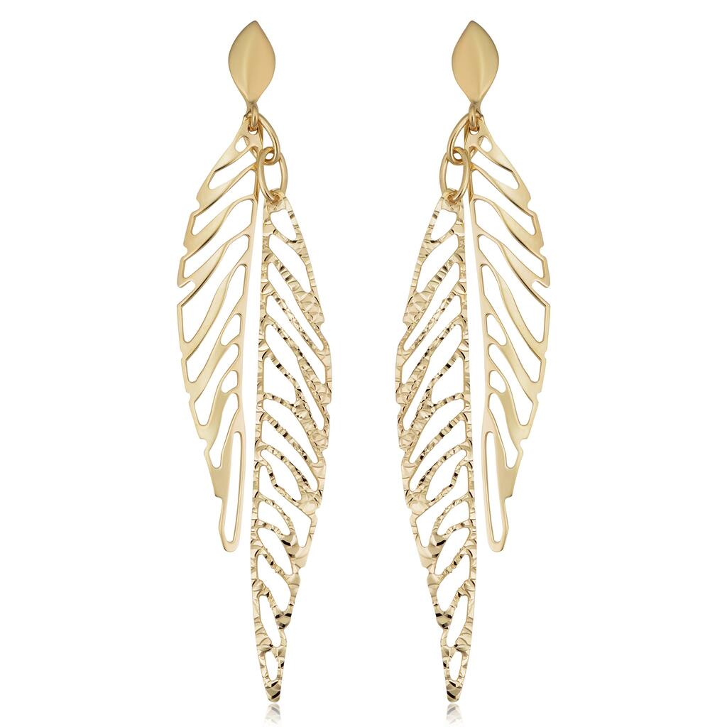 14k Yellow Gold Oval Double Leaf Drop Earrings