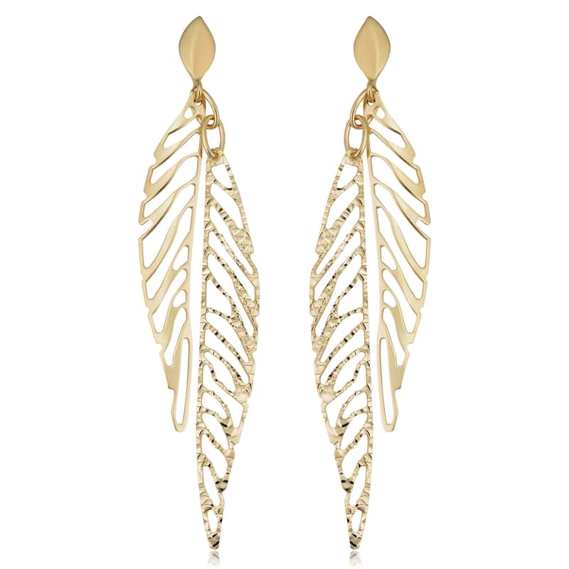 14k Yellow Gold Oval Double Leaf Drop Earrings