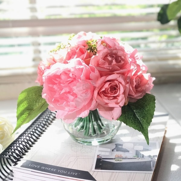 Enova Home Pink Rose and Peony Mixed Flower Arrangement in Round Glass Vase with Faux Water