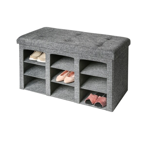 Porch & Den Dustin Grey 9-Bin Tufted Entryway Shoe Storage Bench