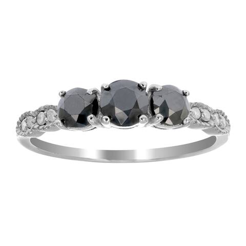 1 CT 3 Stone Black Diamond Ring With Milgrain Sterling Silver