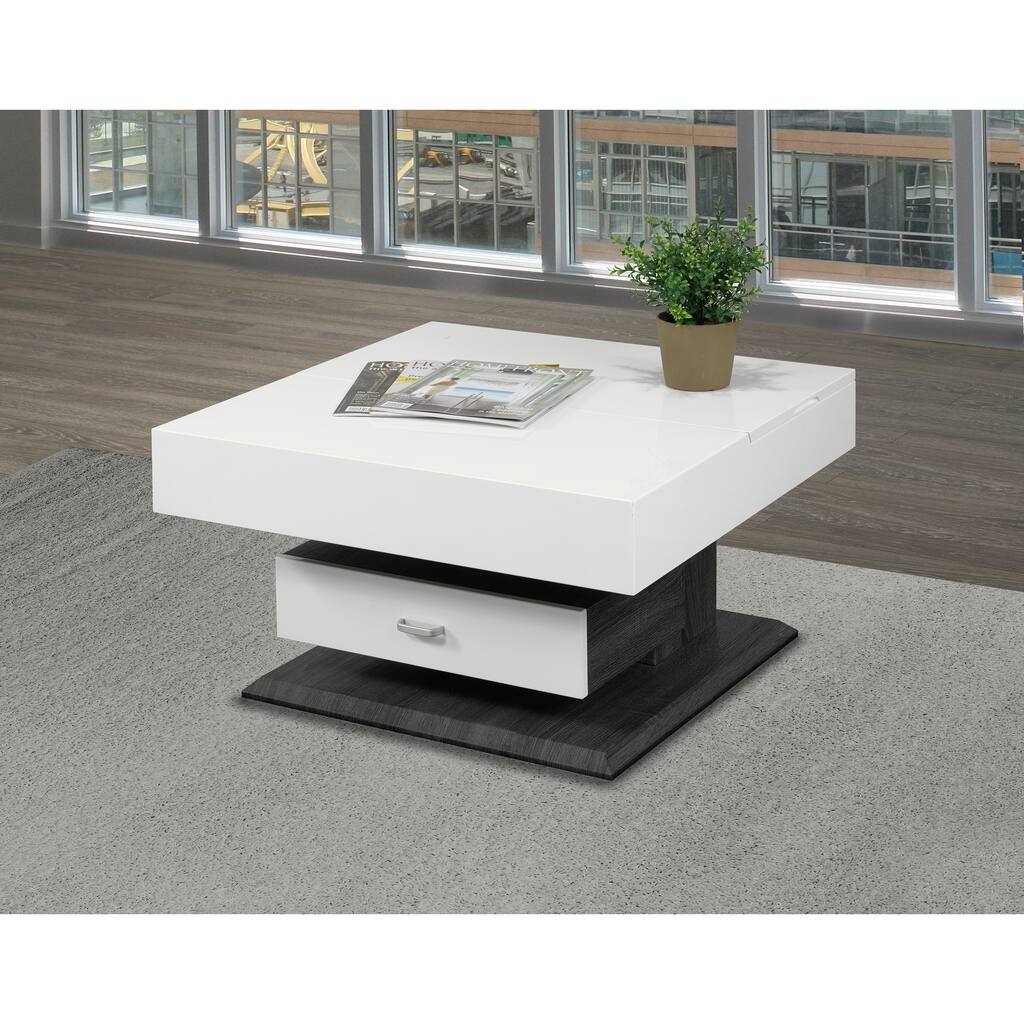Rotating Coffee Table with Lift Top & Storage Drawer, White/Grey