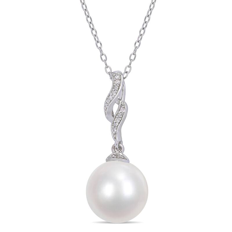 Miadora Sterling Silver Cultured FW Pearl & Diamond Interlaced Drop Necklace (11-12mm)