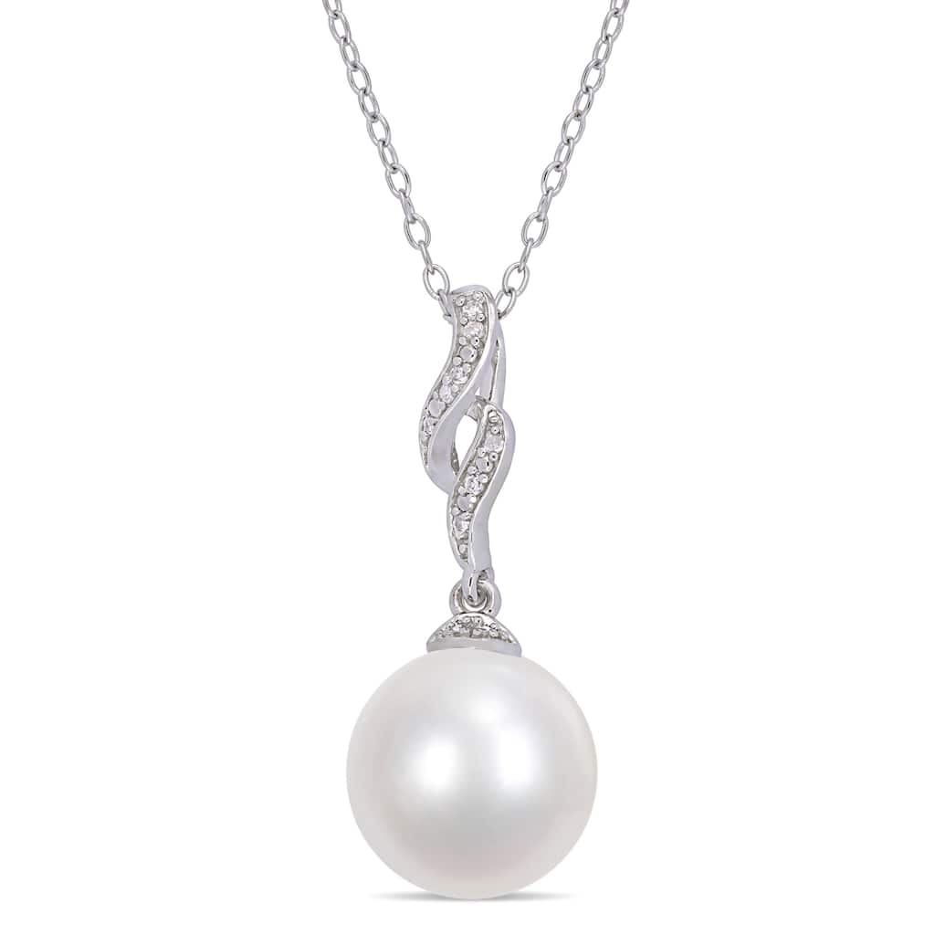 Miadora Sterling Silver Cultured FW Pearl & Diamond Interlaced Drop Necklace (11-12mm)