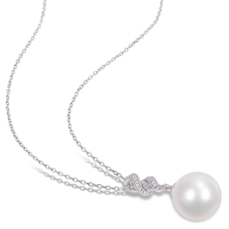 Miadora Sterling Silver Cultured FW Pearl & Diamond Interlaced Drop Necklace (11-12mm)
