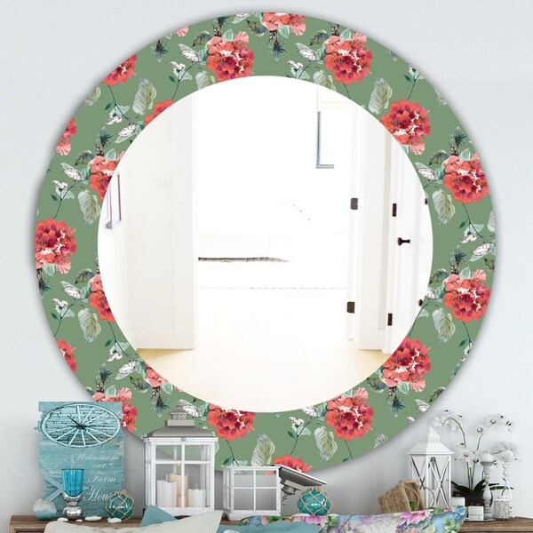 Designart 'Green Flowers 1' Traditional Mirror - Frameless Oval or Round Wall Mirror - Green