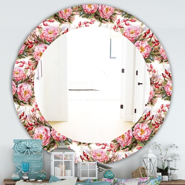 Designart 'Pink Blossom 1' Farmhouse Mirror - Frameless Oval or Round Wall Mirror - White