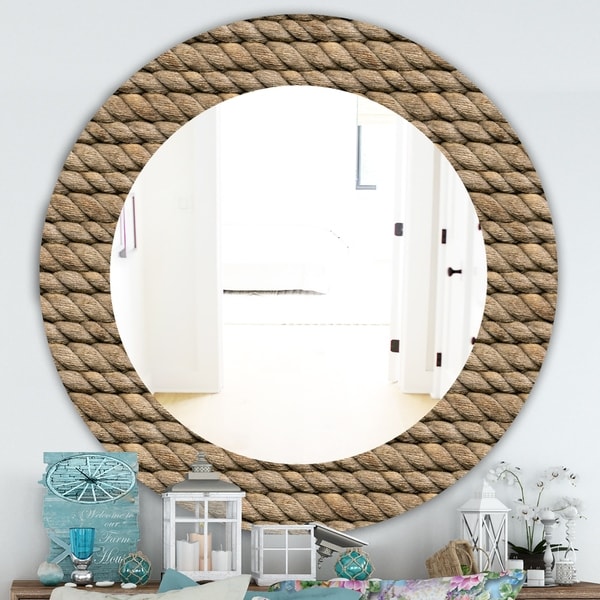 Designart 'Hemp Rope' Farmhouse Mirror - Frameless Oval or Round Wall Mirror - Brown