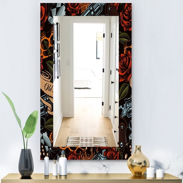 Designart 'Old School Tattoo Pattern' Modern Mirror - Frameless Wall Mirror - Red