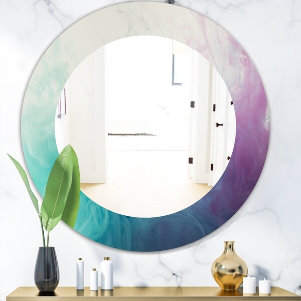 Designart 'Cyan Blue and Pink Water In Ink Composition' Mid-Century Mirror - Frameless Oval or Round Wall Mirror