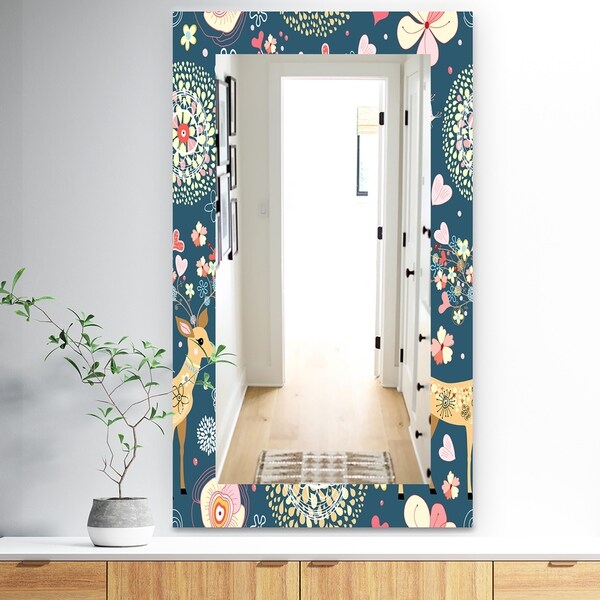 Designart 'Deer With Flowers and Hearts Antlers' Traditional Mirror - Frameless Vanity Mirror - Blue